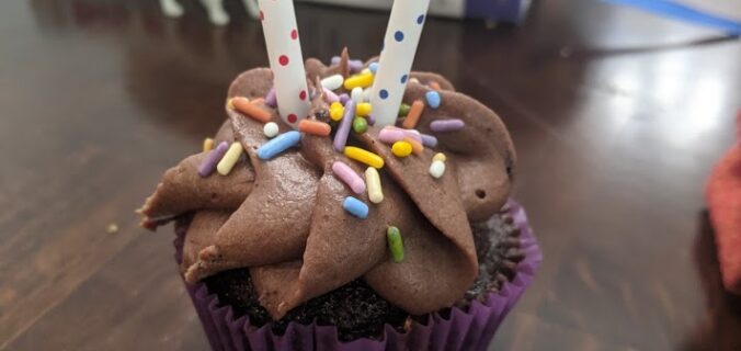 chocolate cupcake with two candles