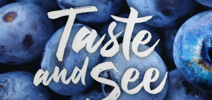 Taste and See documentary logo over an image of blueberries
